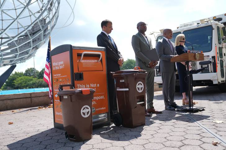 Mayor Eric Adams and Sanitation Commissioner Jessica Tisch in Corona Park during a press conference about compost.